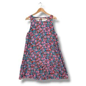 Loft Petites Pink Blue Floral Mini Dress Tie Back Ruffle Hem Sun Dress LP